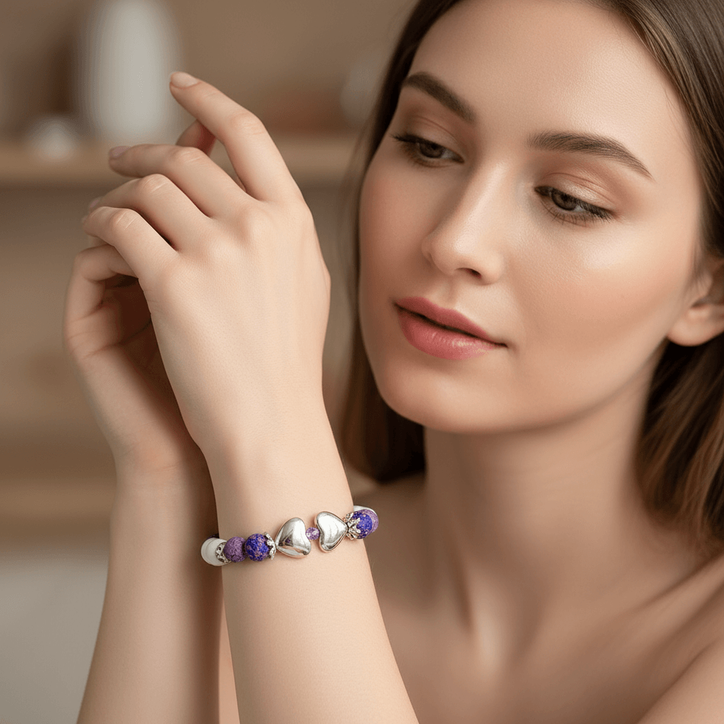 Effortless Slip-On Silver Heart Gemstone Bracelet