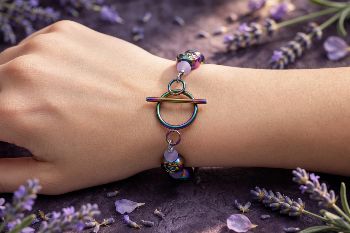 A close-up of a person's wrist wearing a colorful metallic bracelet with a toggle clasp and circular charm, surrounded by lavender flowers on a dark textured surface.