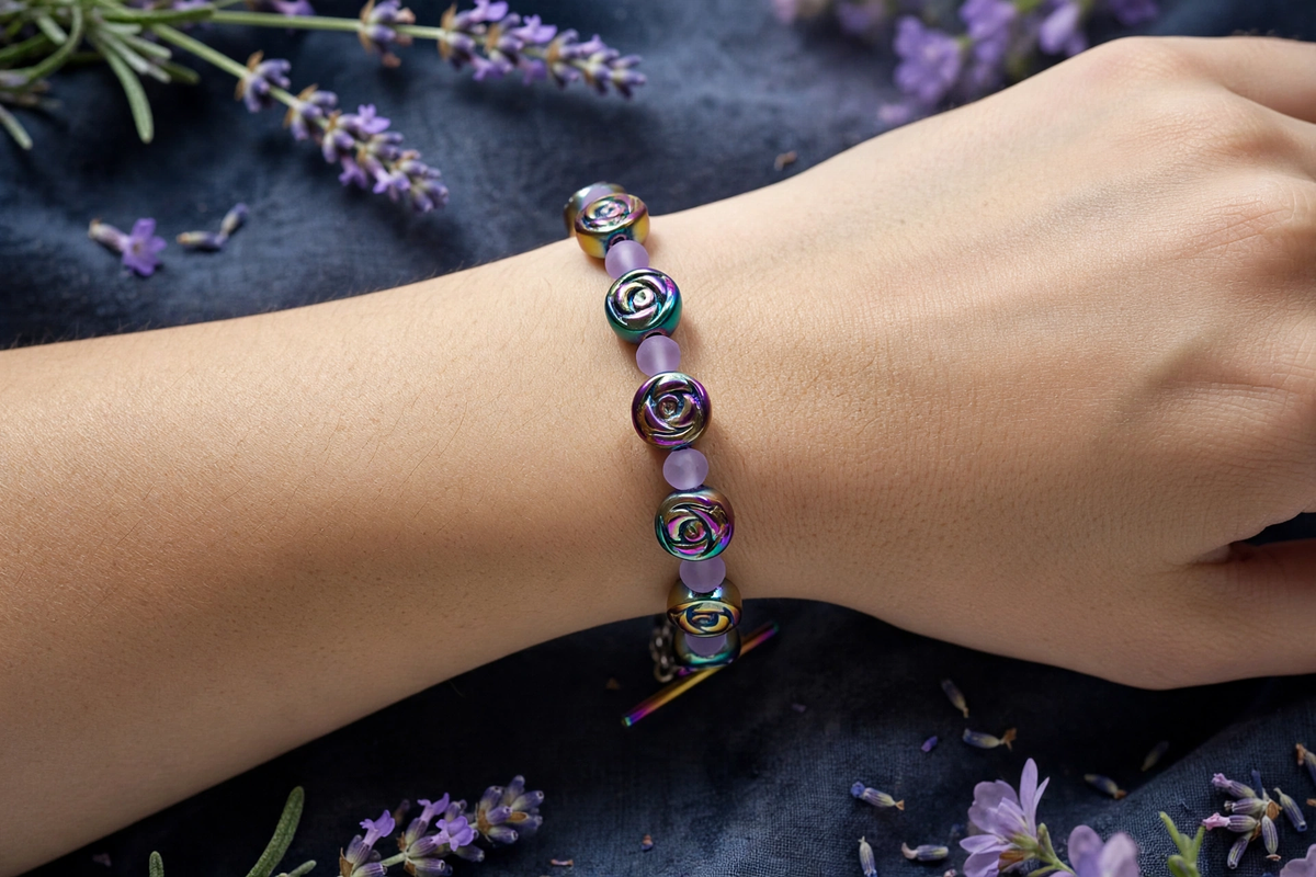 "Handmade bracelet on wrist: iridescent rainbow rose-shaped beads alternating with frosted lavender glass beads, rainbow toggle clasp, styled with fresh lavender sprigs"