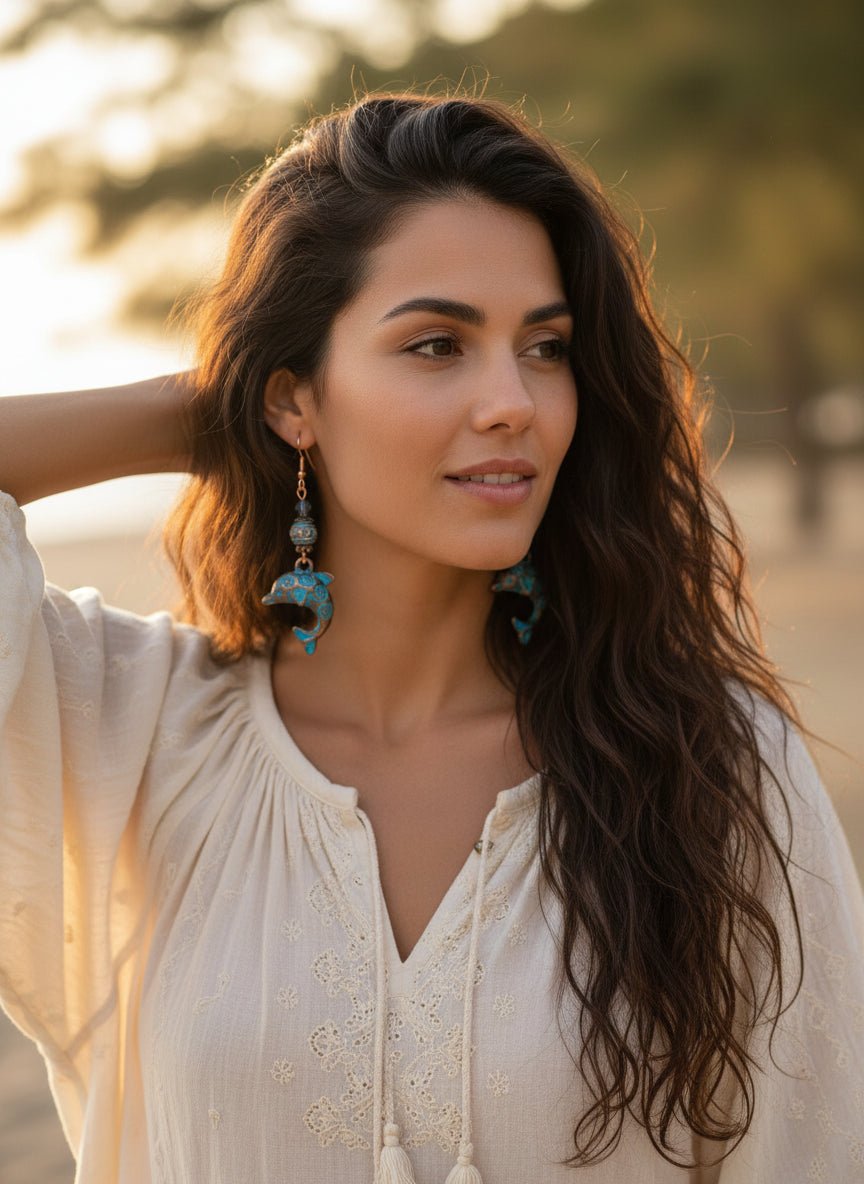 Patina Dolphin Earrings - Ocean-Inspired Verdigris | 2.5 Inches