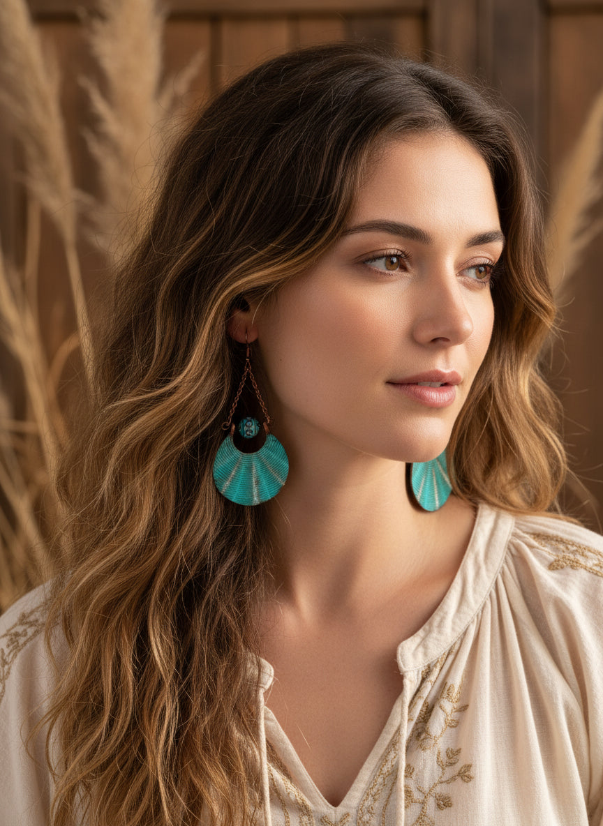Patina Fan Earrings - Rose Gold Chain Bohemian | 2.75 Inches