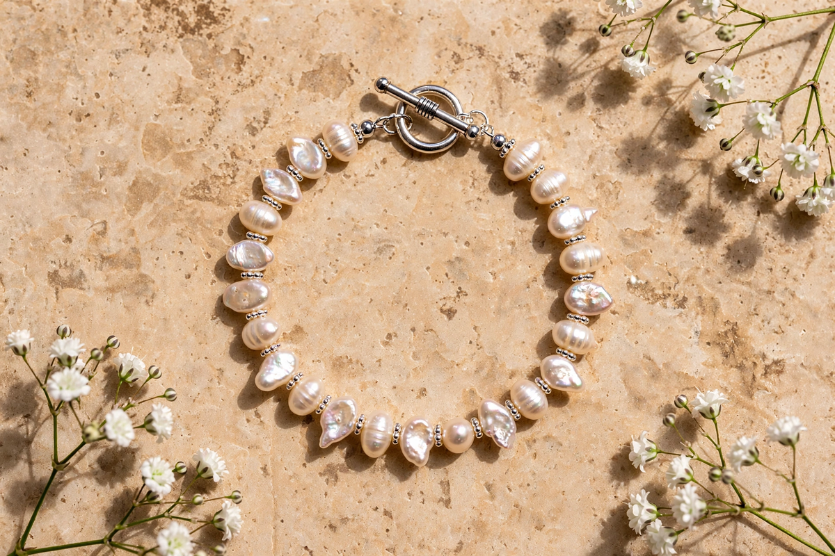 A beaded bracelet made of irregular white pearls separated by small silver spacer beads, with a silver toggle clasp, arranged in a circle on a beige stone surface with small white flowers around it.