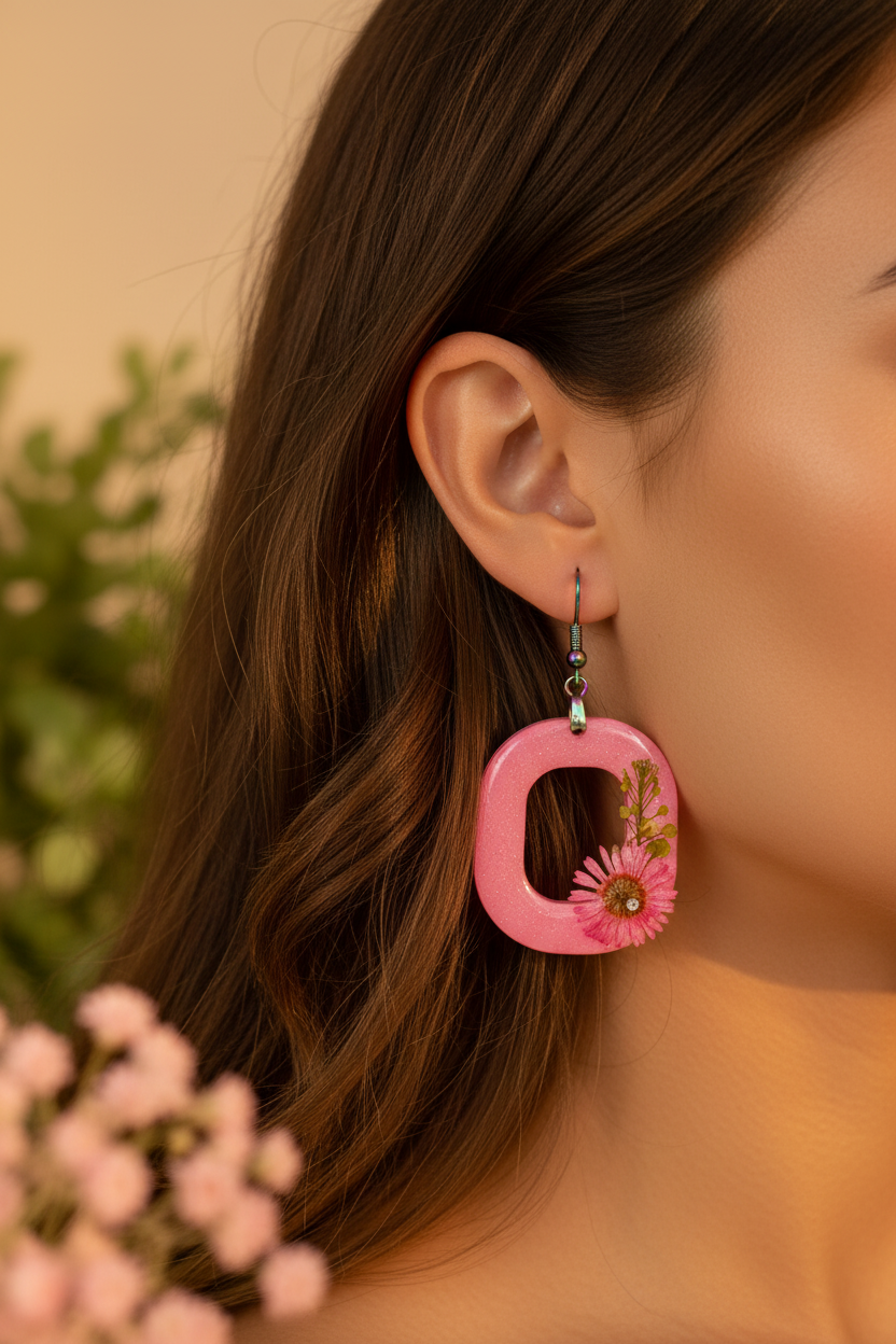 Pink Resin Earrings on Model