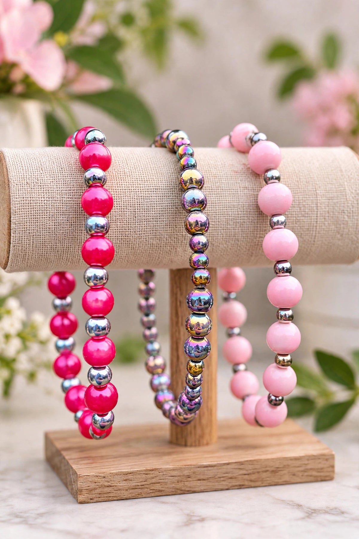 Close-up of pink pearl stretch bracelet set – rainbow aura and blush pink beads with silver accents