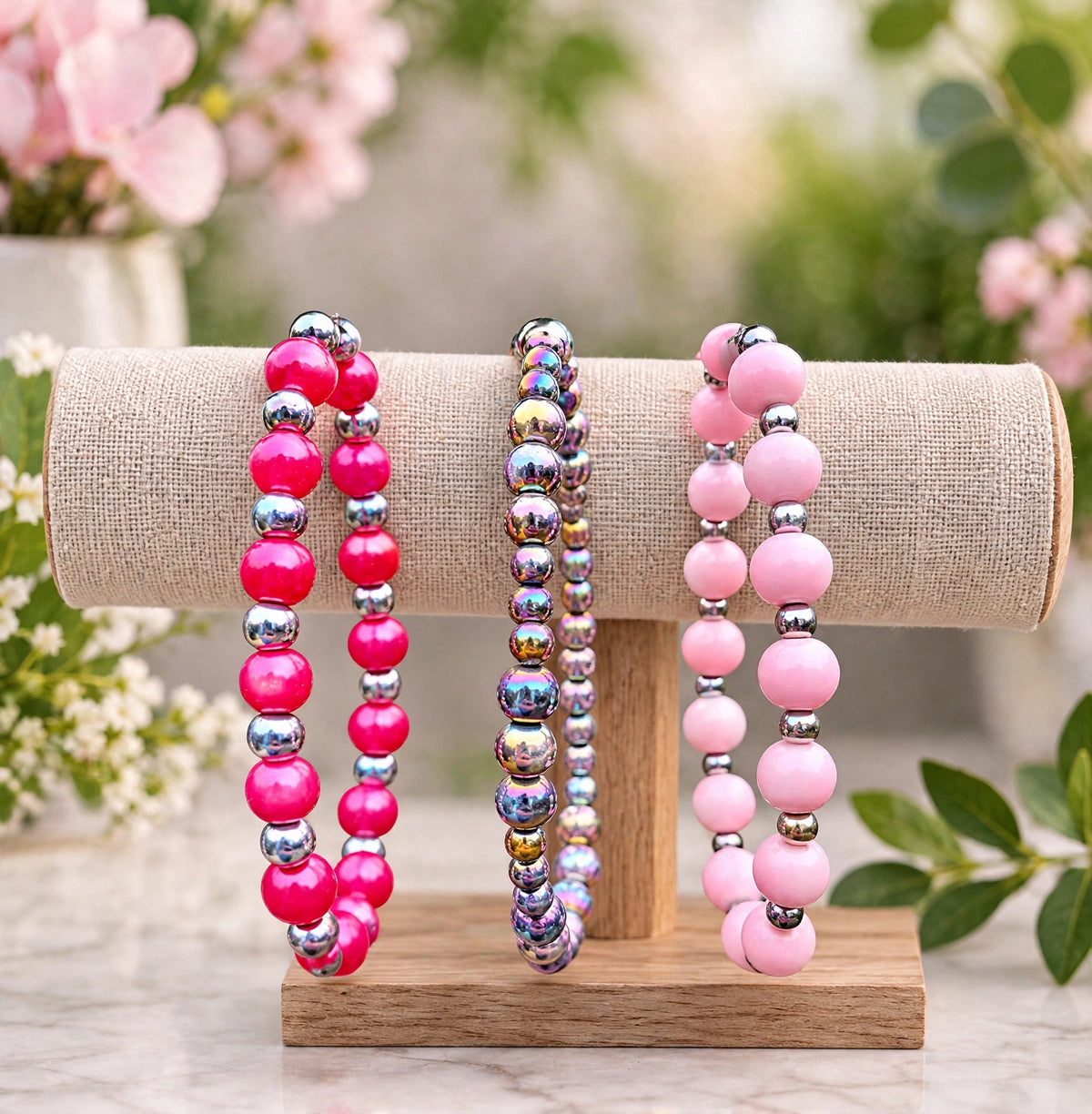 Pink pearl stretch bracelet set of 3 on a display stand – hot pink, rainbow aura and blush beaded bracelets by JVDesigner