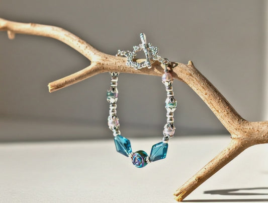 Handcrafted Silver-Plated Bracelet – Iridescent Flower Charm & Toggle Clasp | Sizes 6.5–7.5"