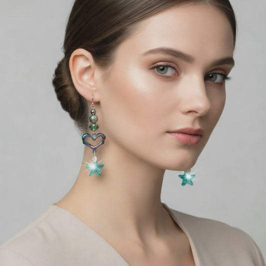 Peacock Heart Crystal Star Earrings - Ion Plating Rose Gold | 2.5 Inches