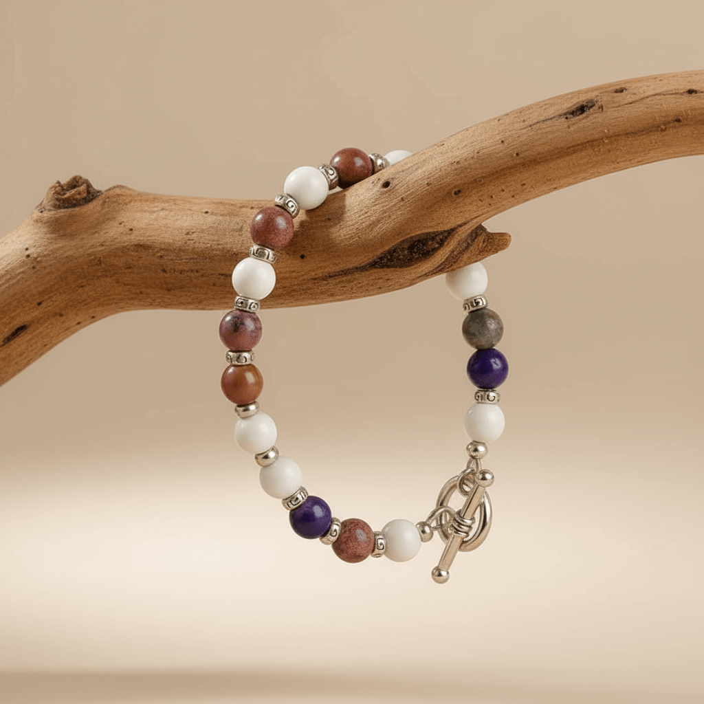Comfort-Fit Purple & White Stone Stretch Bracelet