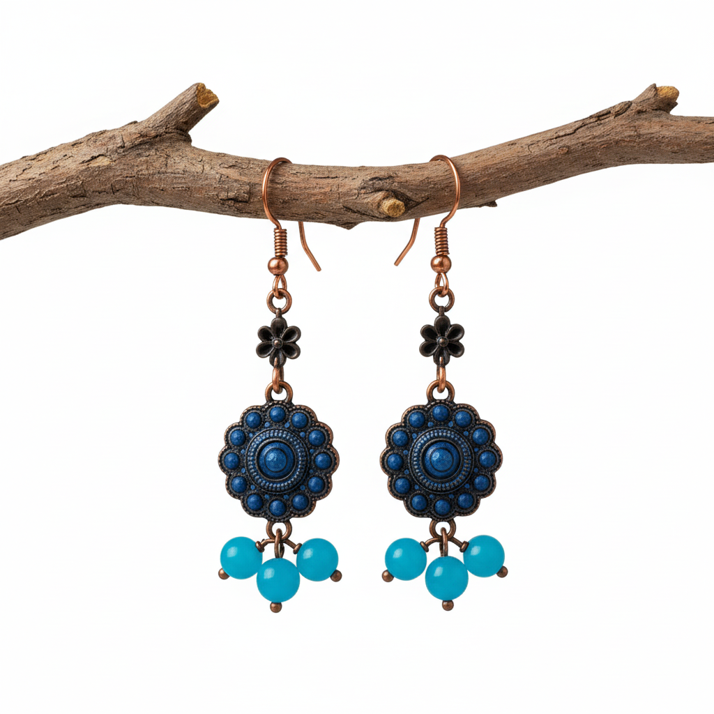 Oxidized Copper Turquoise Beaded Drop Earrings, Artisan Handcrafted