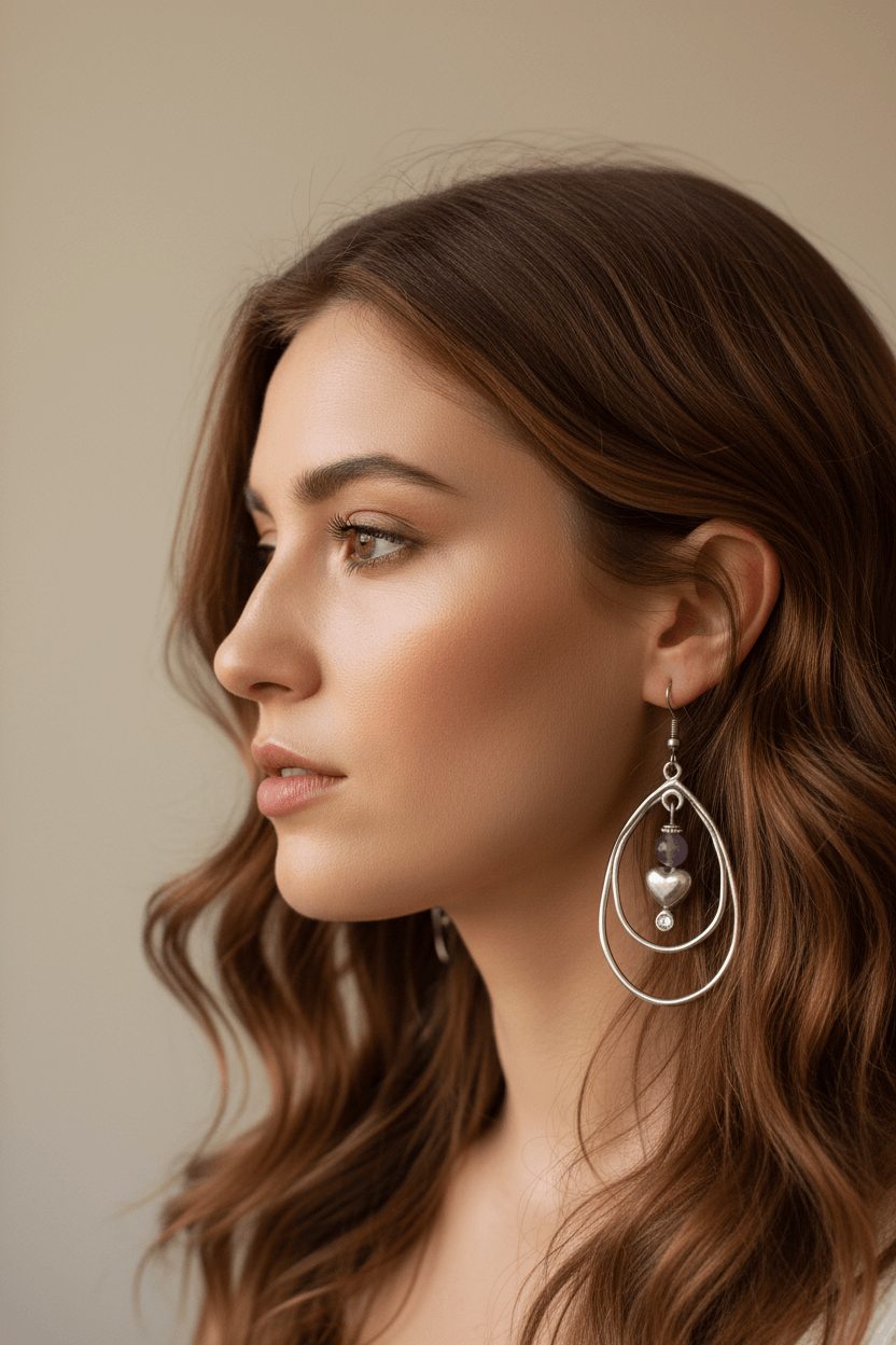 Silver Drop Hoop Earrings with Hearts - Beaded Dangle Hoop Earrings