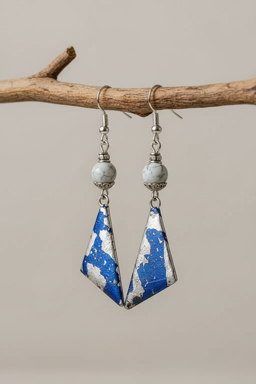 Resincrete Silver Paperfoil blue dangle Earrings 2.75"