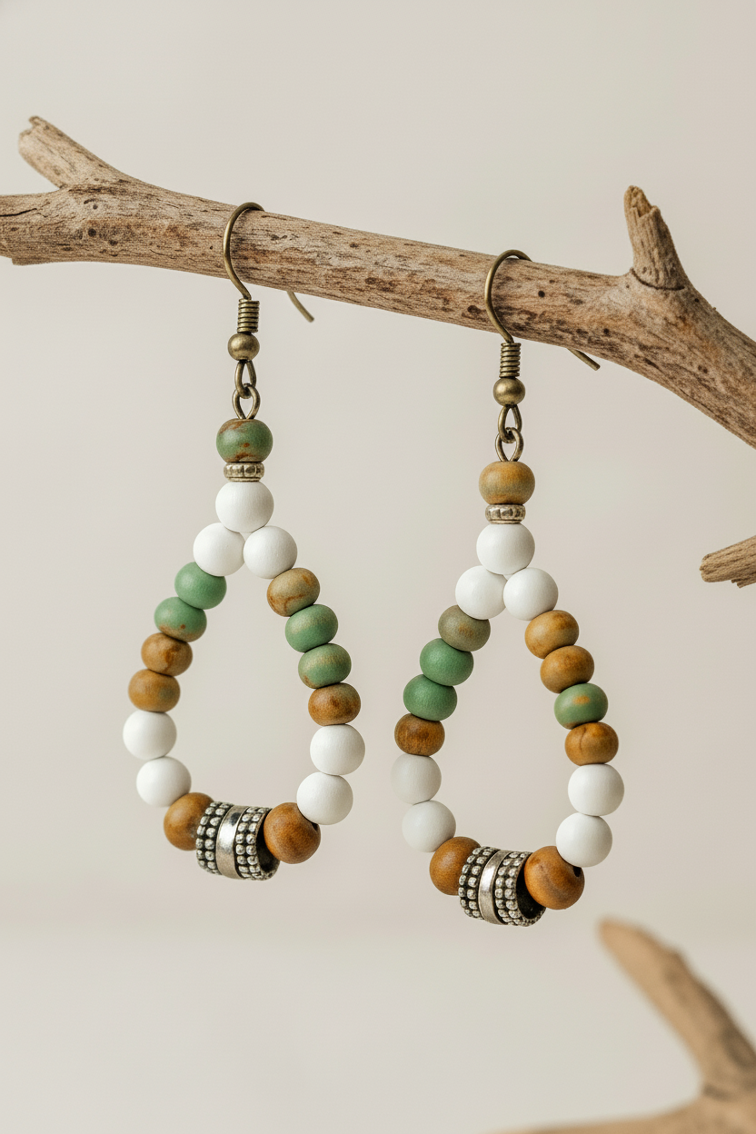 White Agate Earrings - Bohemian Gemstone Wood Bead Hoop Dangle Earrings
