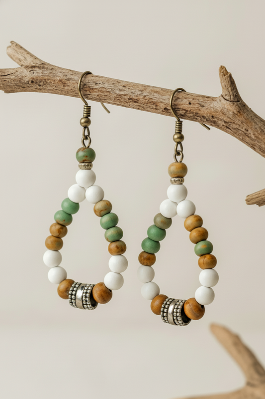 White Agate Earrings - Bohemian Gemstone Wood Bead Hoop Dangle Earrings