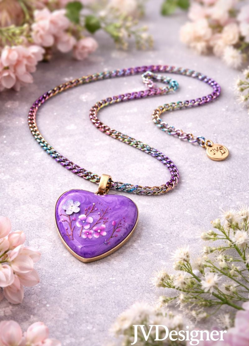 Collar con bisel de corazón morado de resina - Hecho a mano con cadena de acero inoxidable arcoíris y broche de langosta