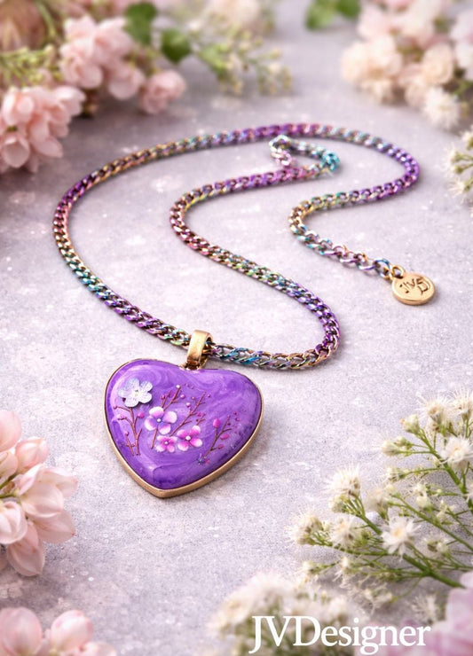 Collier en résine avec lunette Cœur violet - Fait main avec chaîne en acier inoxydable arc-en-ciel et fermoir mousqueton
