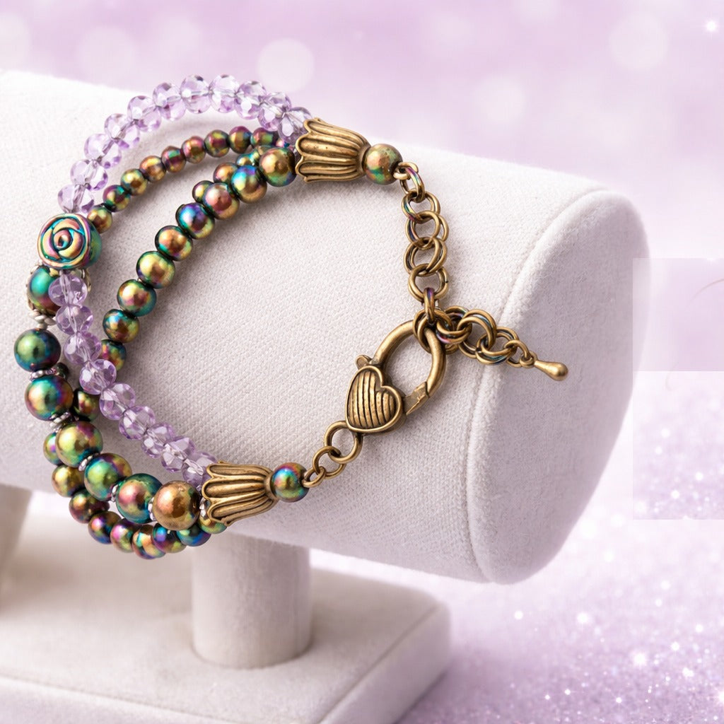 Rainbow hematite and lavender crystal bracelet with iridescent beads