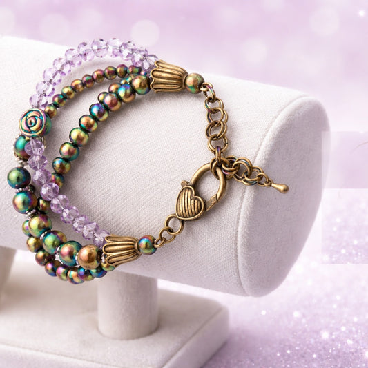 Rainbow hematite and lavender crystal bracelet with iridescent beads