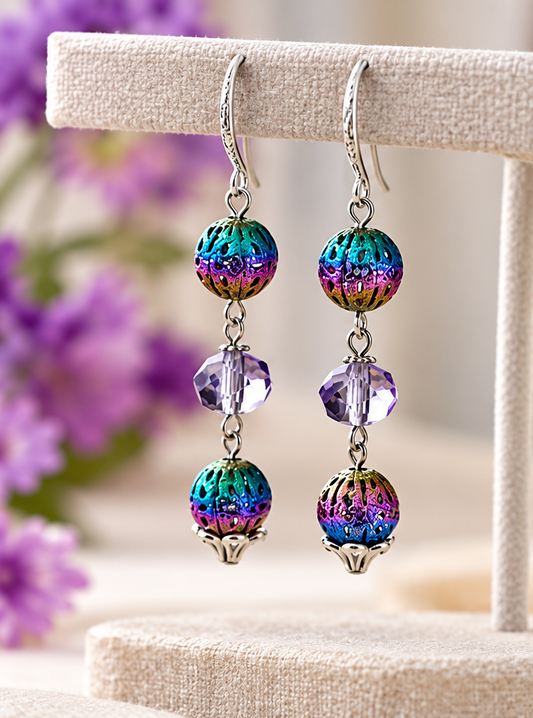 Rainbow ion plating earrings with lavender glass beads on a display stand