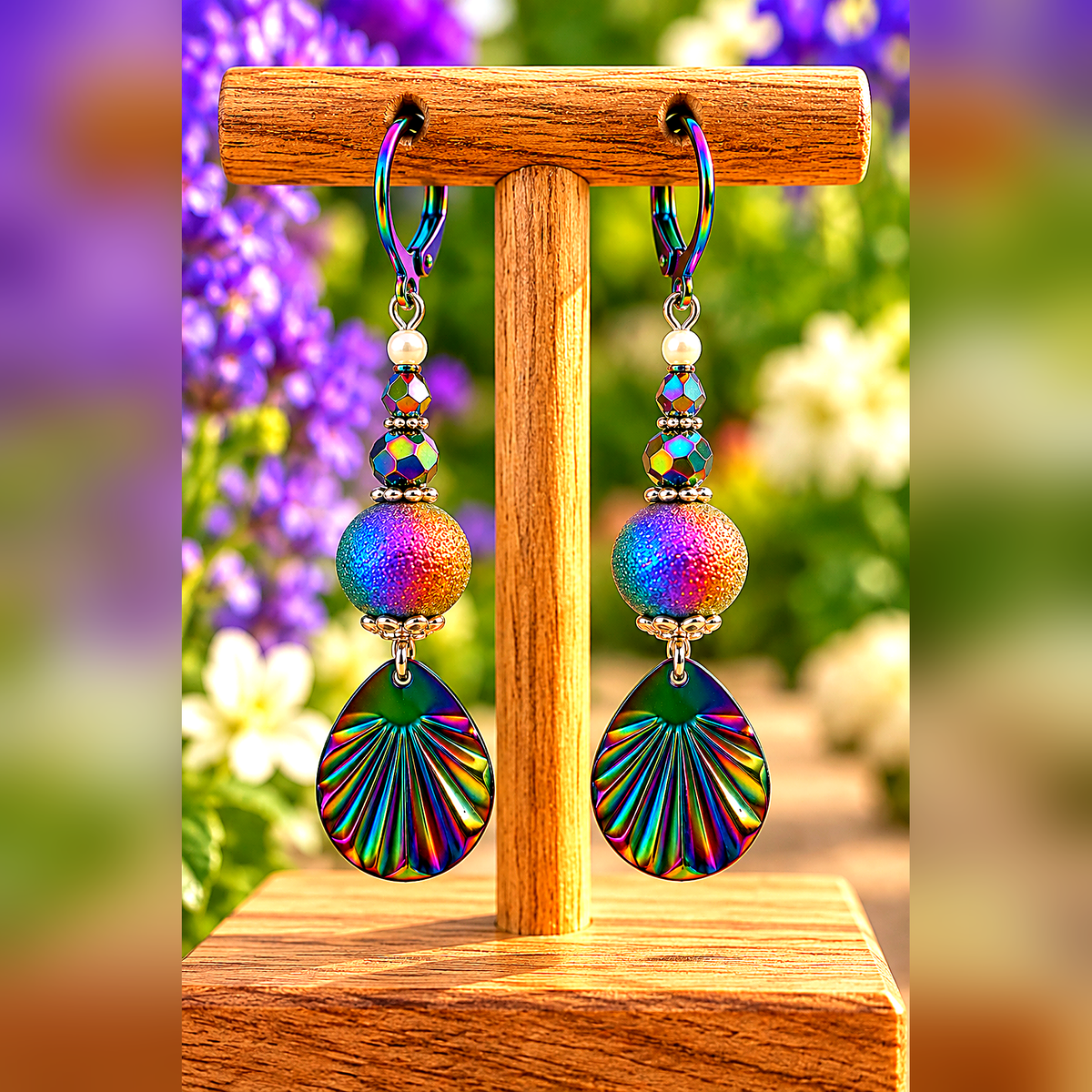 A pair of dangling earrings displayed on a wooden stand, with a blurred garden background of purple and white flowers. The earrings feature iridescent rainbow-colored beads, small white pearl-like beads, and teardrop-shaped dangling pieces with a sunburst pattern.