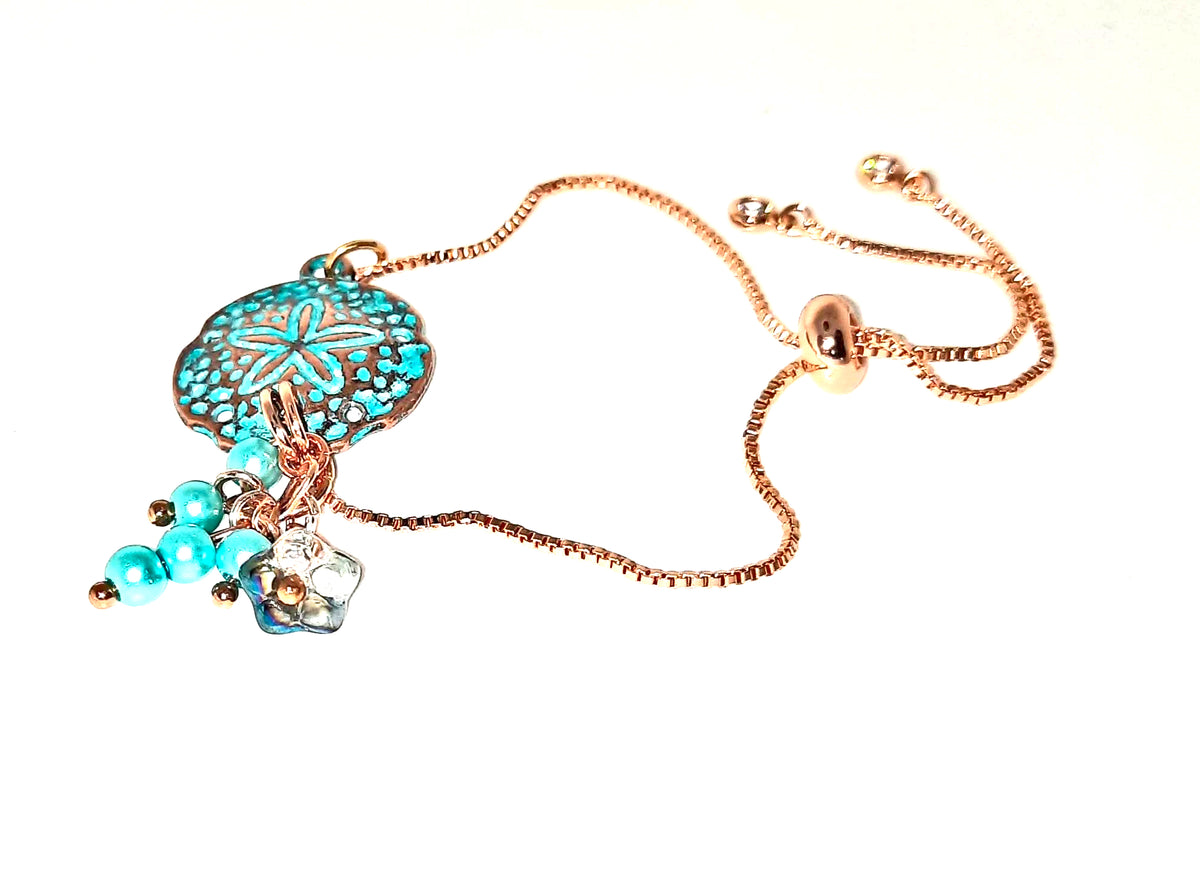 Rose Gold Patina Shell Bracelet - Adjustable with Czech Flower & Pearls | Up to 9"