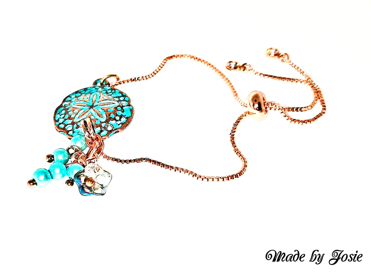 Rose Gold Patina Shell Bracelet - Adjustable with Czech Flower & Pearls | Up to 9"