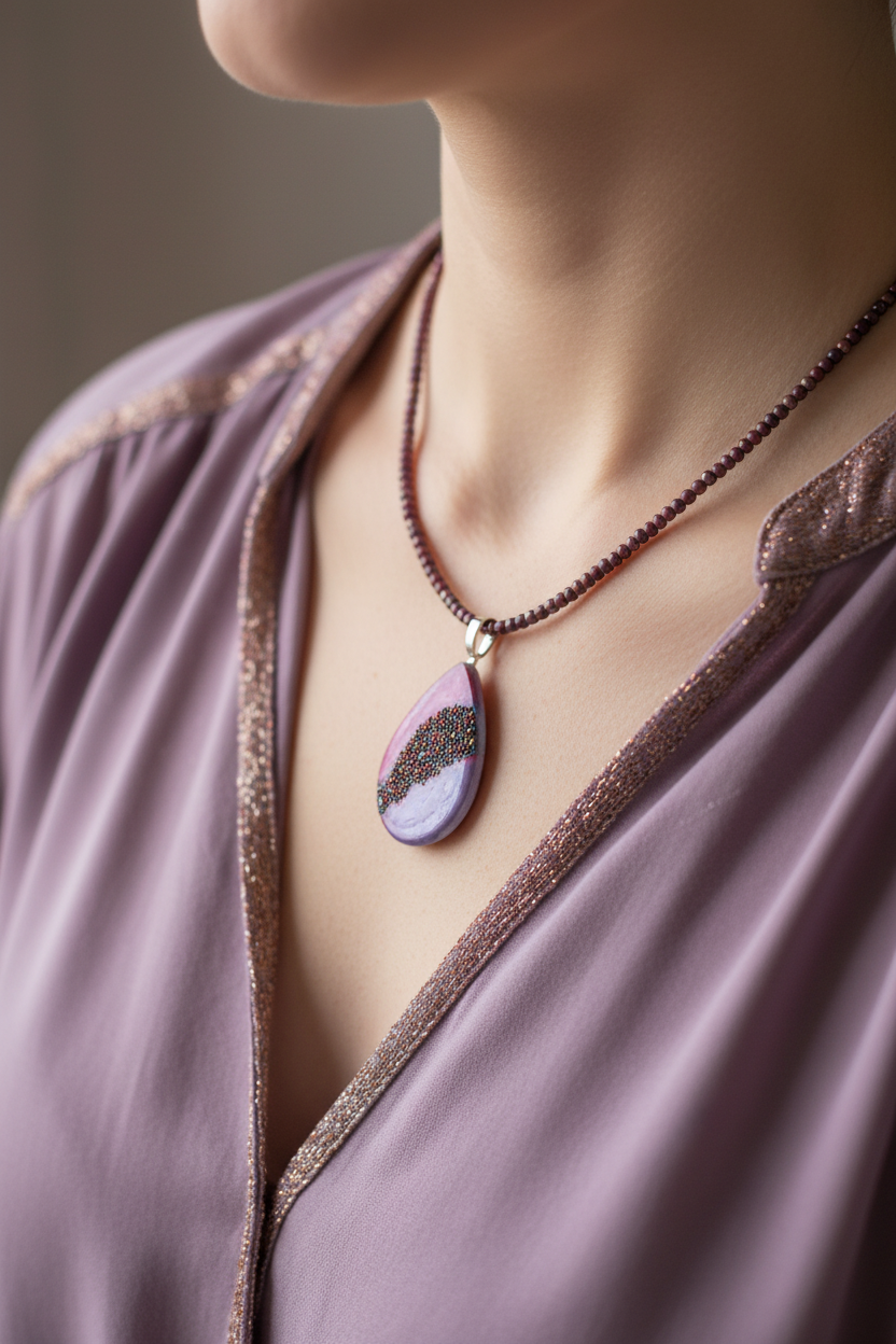 Necklace with a teardrop-shaped pendant on a light pink background