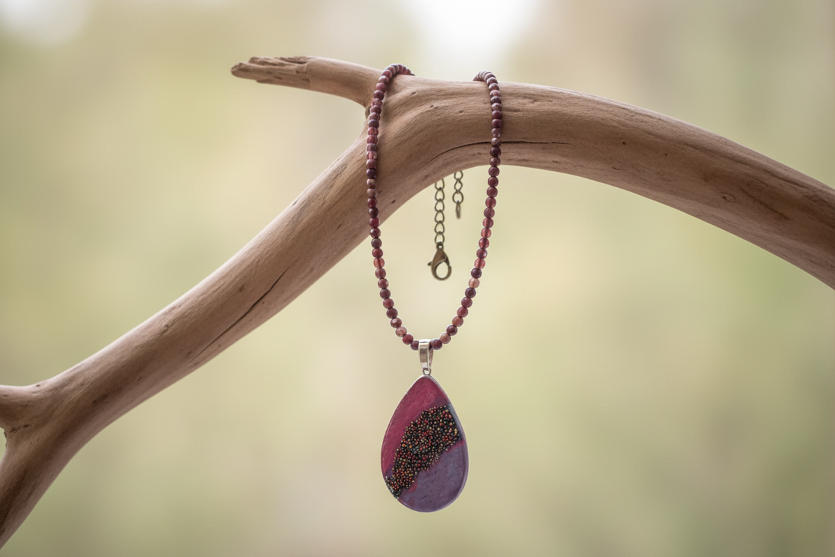 Necklace with a teardrop-shaped pendant on a light pink background