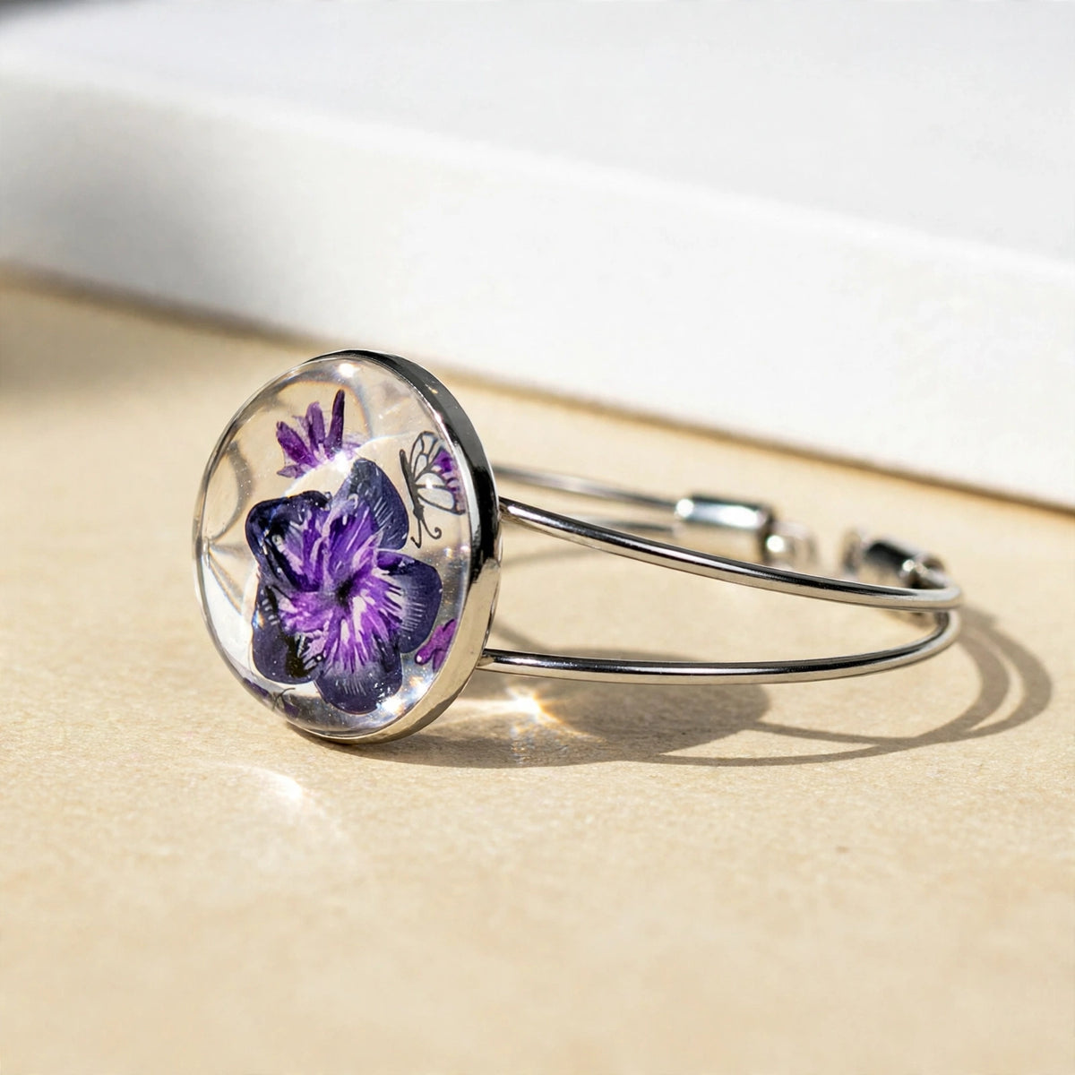 Purple Black Resin Flower Bracelet Adjustable | Handpainted Clay Butterfly Silver | Unique Jewelry