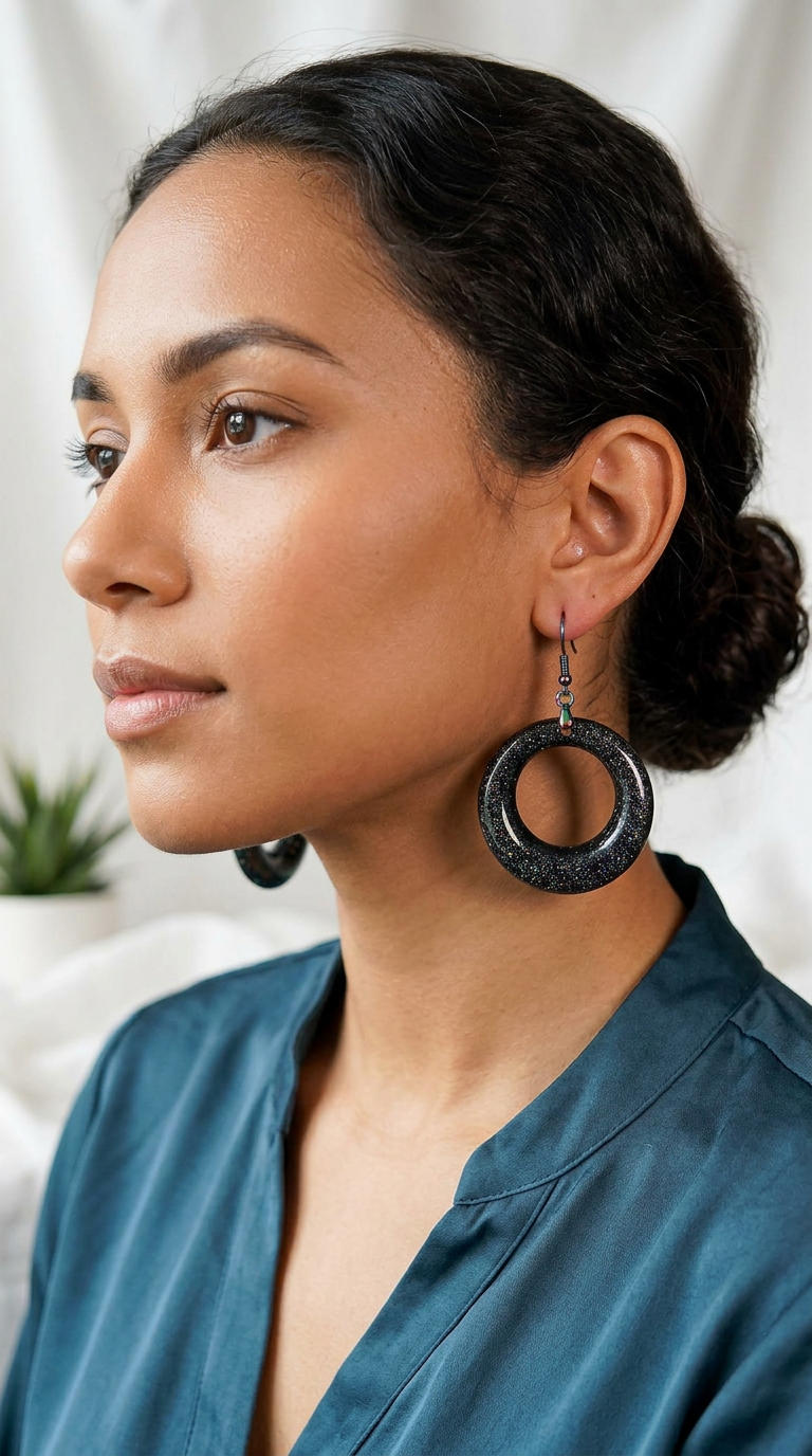 Black Resin Hoop Earrings – Rainbow Ion Plated French Hooks