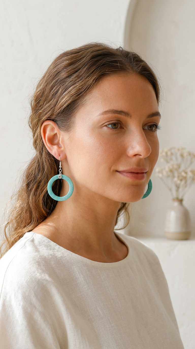 Turquoise Iridescent Resin Hoop Earrings – Silver-Plated Daisy French Hooks