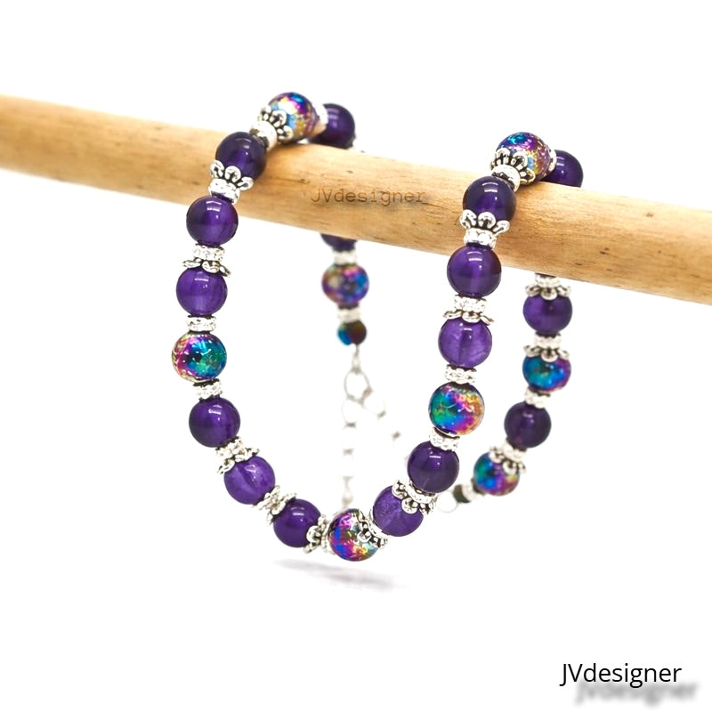 Amethyst Purple Gemstone Bracelet | Iridescent Glass Beads Adjustable 7-8.25" | Handmade Jewelry