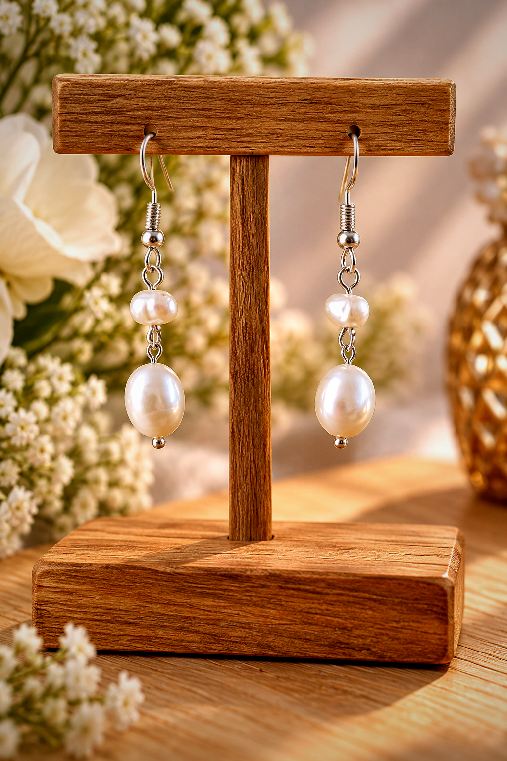 Handmade genuine white pearl drop earrings with two pearls on silver-plated French hooks, displayed on a wooden earring stand