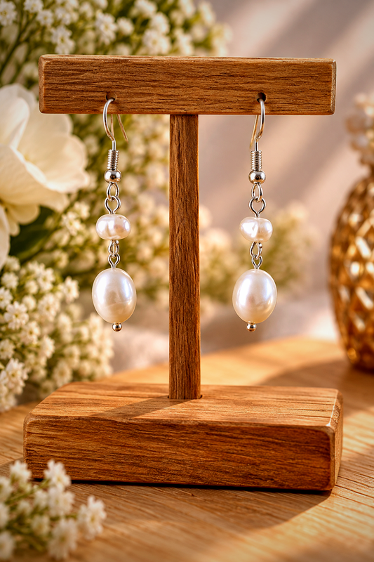 Handmade genuine white pearl drop earrings with two pearls on silver-plated French hooks, displayed on a wooden earring stand