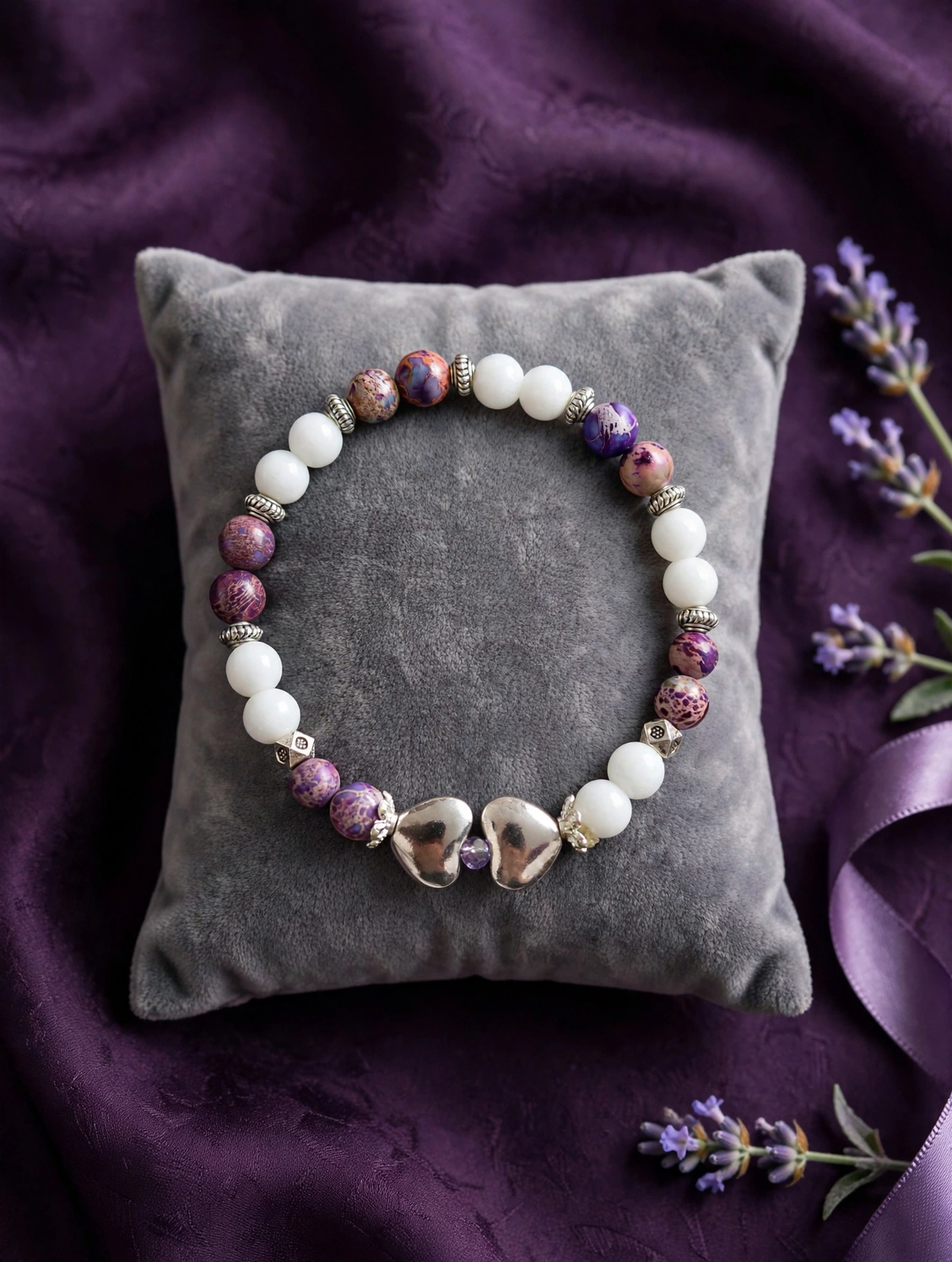 A beaded bracelet with white round beads, purple marbled beads, and two silver heart charms, displayed on a gray velvet pillow against a purple fabric background with lavender sprigs.