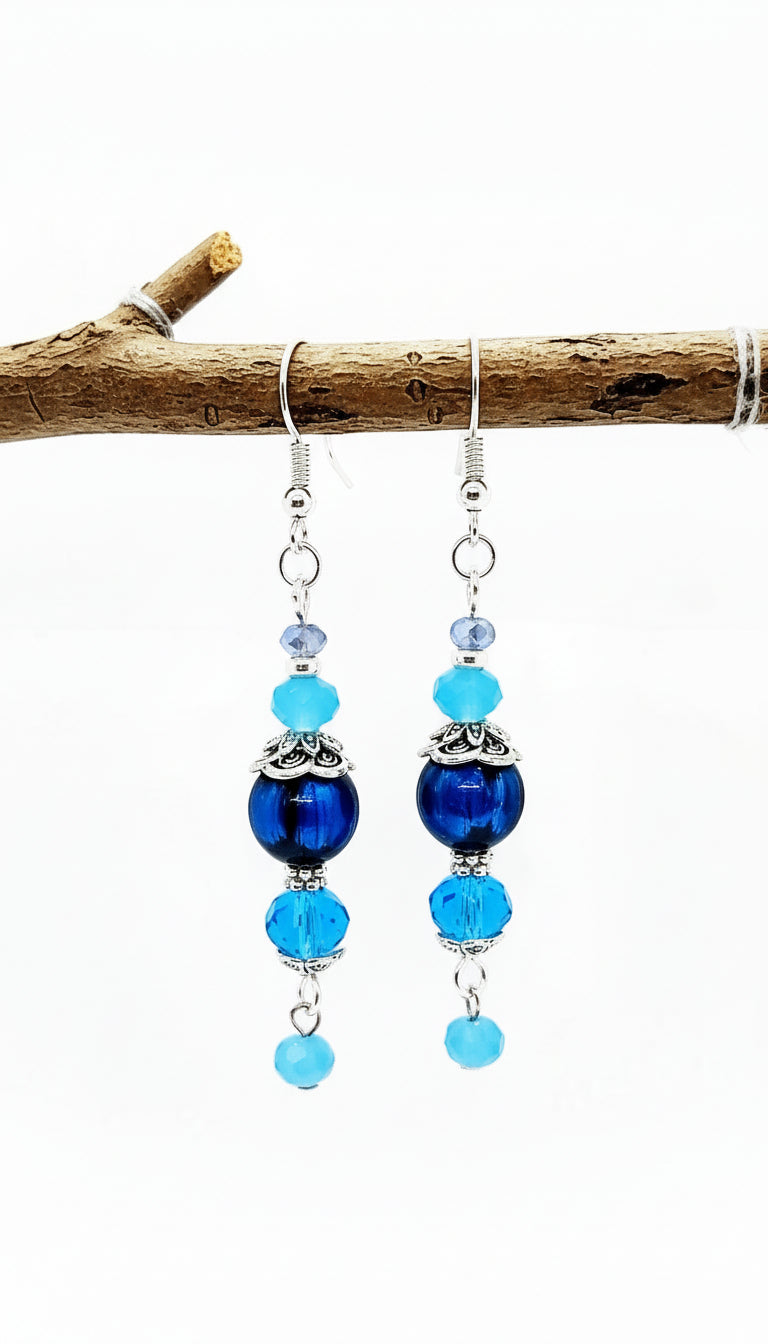 Soft Feminine Blue Earrings - Czech Glass Flowers & Pearls | 2.5 Inches