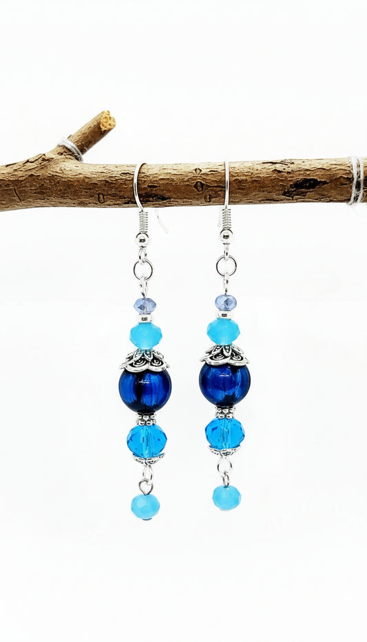 Soft Feminine Blue Earrings - Czech Glass Flowers & Pearls | 2.5 Inches