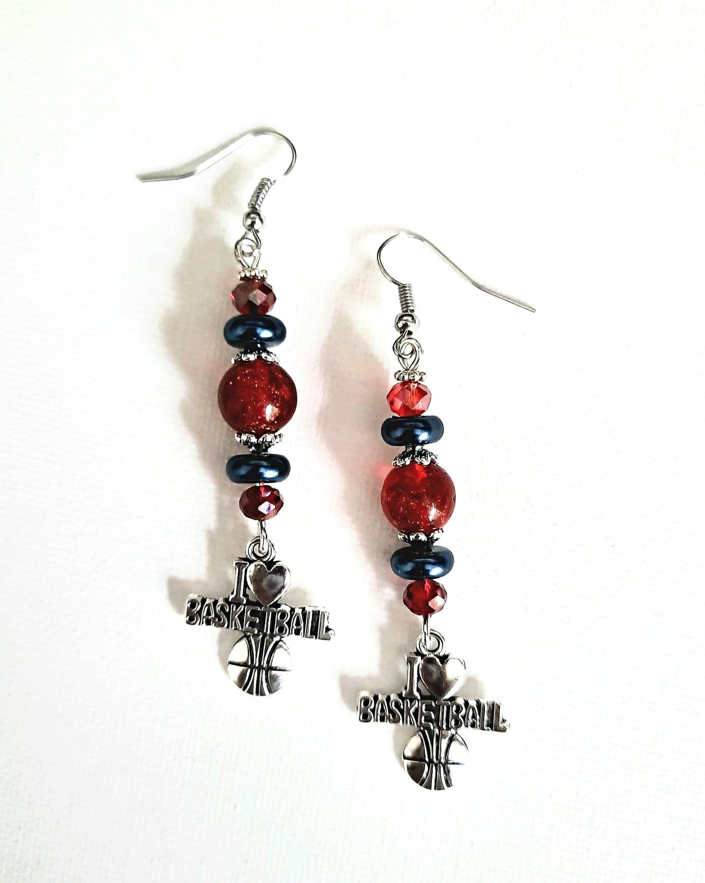 Adorable 2.75 inches red crackle bead I love basketball earrings