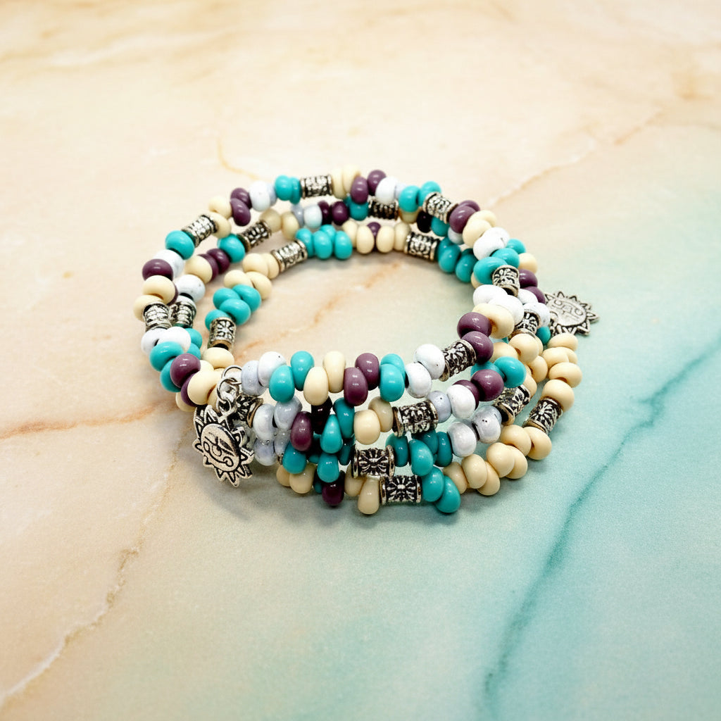 Japanese Matagama Glass Bead Memory Wire Bracelet - 3 Strand Blue Purple Cream Silver - Handmade Boho Jewelry